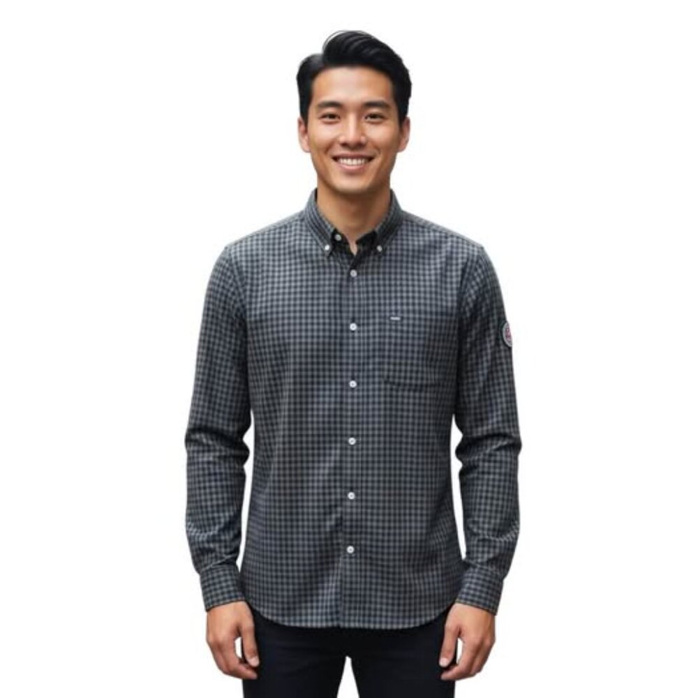 Men's SZ Med Superdry JPN Premium Button Down THICK Shirt. Grey, Black, Blue - Picture 1 of 12